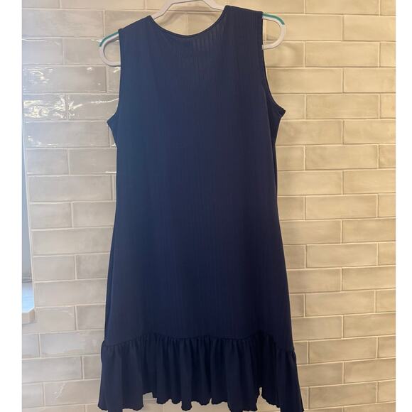 Navy Ribbed Sleeveless Ruffle Hem Dress 2XL Knee Length V Neck - Picture 2 of 3